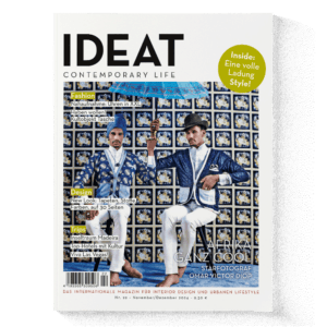 IDEAT magazine cover with two men wearing blue and white outfits