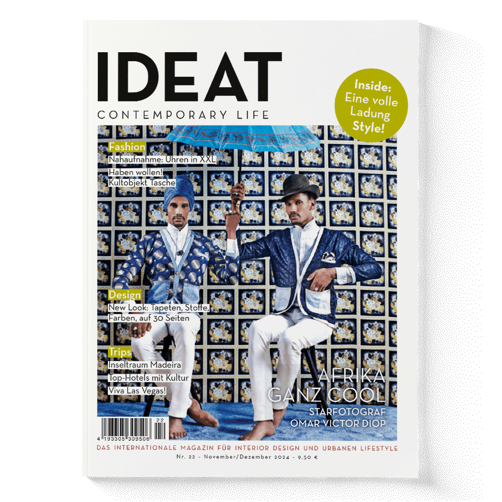 IDEAT magazine cover with two men wearing blue and white outfits