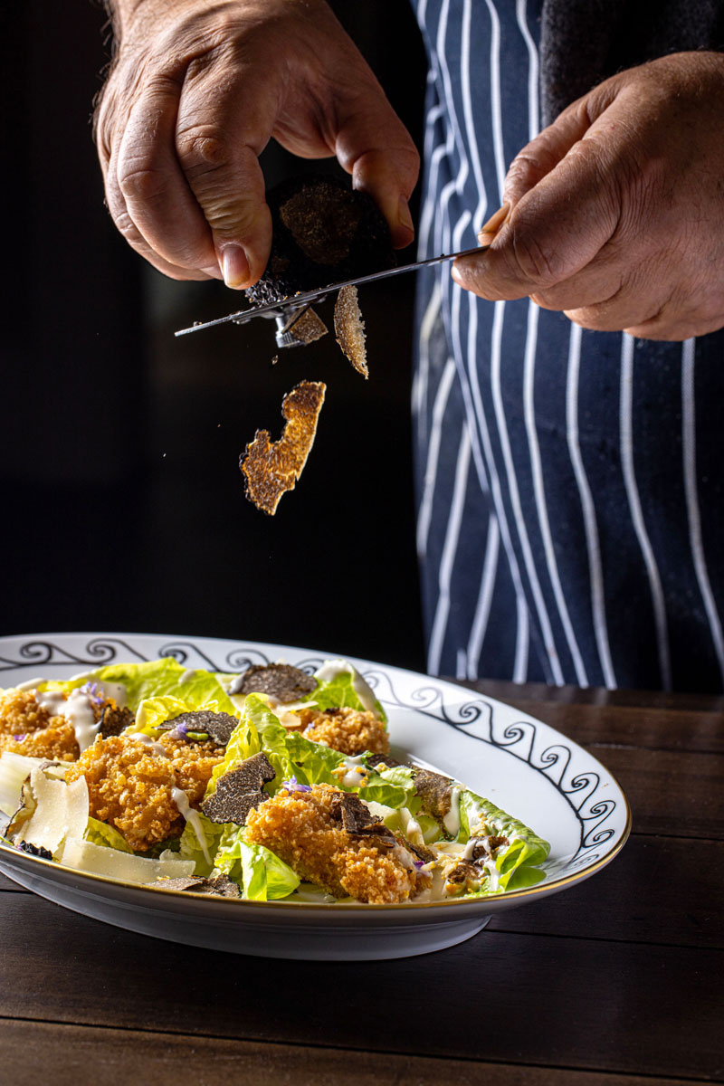 RFH Cafe Ginori at Hotel de la Ville Chef Pierangelini Caesar salad with crispy chicken seasonal truffles H4A02291