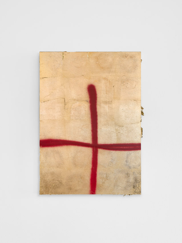 Two Lines Faith Too 2025 Gold leaf and spray paint 70 x 50 x 4 cm