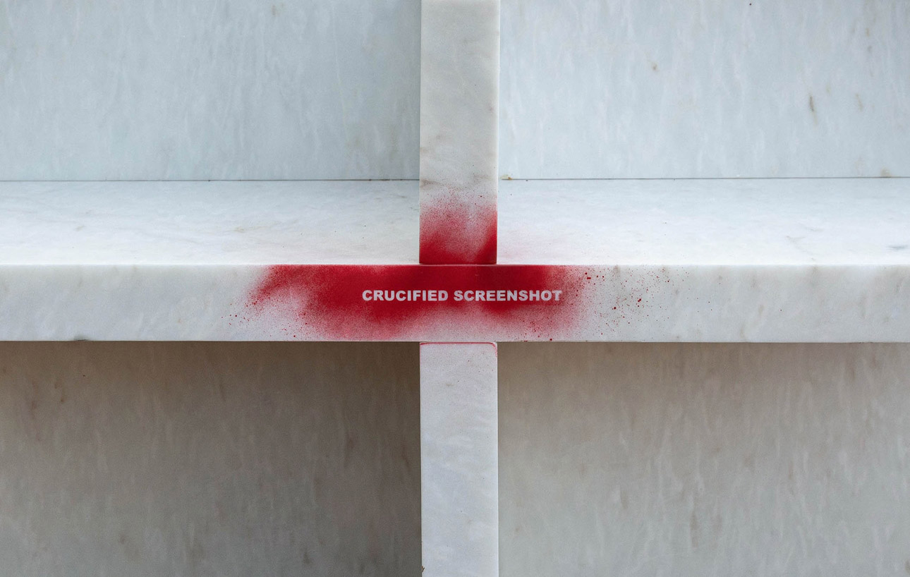 Untitled Faith 2025 Marble spray paint vinyl lettering 62 x 200 x 100 cm