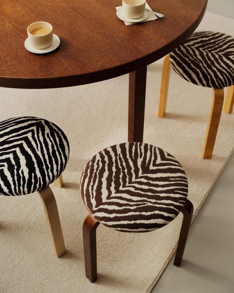 Artek Zebra 2026 in situ Stool 60 Black and Brown Zebra Table 91 walnut master